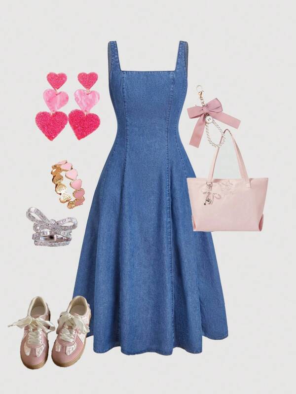 Girlism 青少年女孩休闲无袖情人节牛仔长裙、情人节连衣裙、情人节连衣裙、秋冬服装、返校返校服装、万圣节服装、圣诞节服装、教师服装