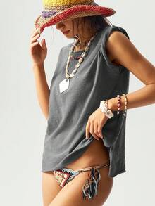 Bohemela 女士休闲纯色针织圆领短袖宽松水洗T恤 - 灰色 - 查看 4