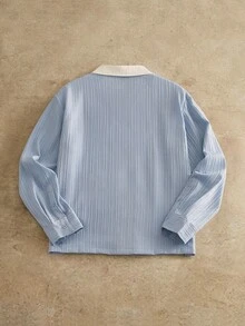 Manfinity VCAY 男士休闲梭织拼布翻领宽松落肩夹克男士拉链衬衫浅蓝色夹克男士条纹衬衫男士轻便夹克男士复古衬衫条纹衬衫夹克男士春季夹克，复古款，秋季，冬季 - 藍色 - 查看 2