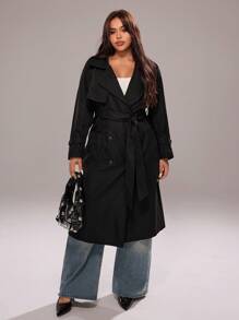 Rustia 大碼西裝領雙排釦腰帶風衣外套