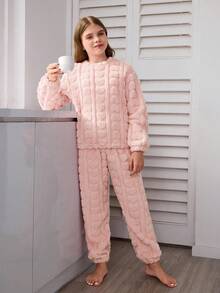 SHEIN 3 件套青少年女孩法兰绒睡衣，舒适浅粉色心形印花蓬松裤和宽松长袖休闲家居服套装，母子装（单独出售）返校时尚柔软睡衣套装粉色睡衣套装 - 淺粉色 - 查看 4