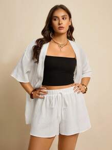 SHEIN LUNE 2pcs/Set Plus Size Casual Elastic Waist Top & Shorts Set Plus Size Linen Outfits Women Summer Outfit Set Linen Two Piece Set Summer Cardigan Plus Size Plus Size Summer Outfit Vintage Old Money Style Women Streetwear Fall Outfits Back To School Kawaii Streetwear Women Vintage Clothes Basic Back To School Autumn Going Ou Tracksuit White Shirt