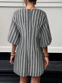 Siren Gaze 商务休闲女士外出装教师装女士腰部A字蓝色条纹连衣裙女士休闲通勤条纹束腰迷你连衣裙