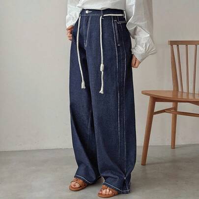 여성용 포켓 루즈 와이드 레그 캐주얼 멀티 데님