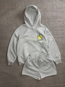 SHEIN Attitoon Bộ 2 áo nỉ lửng in họa tiết quả chanh đơn giản và áo nỉ có mũ trùm đầu, phù hợp cho mùa thu/đông, kỳ nghỉ - Xám - Xem 7