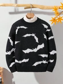SHEIN Halloween Tween Boy Bat Allover Print Crew Neck Long Sleeve Sweater,Black And White,Autumn,Cute,Matching Family Fall Winter Kids Teen Boys Pullover - Black - View 3