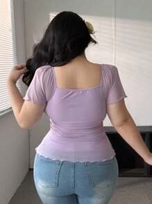 Vibekara Áo thun Raglan tay ngắn đơn sắc xoắn phía trước dành cho nữ cỡ lớn - Màu tím  Violet - Xem 2