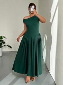 Firerie Abito midi in maglia con scollo a V, arricciatura in vita e orlo asimmetrico, taglie forti, casual ed elegante, adatto per vacanze, attività all'aperto, vacanze, concerti, appuntamenti, feste formali, matrimoni, sensuale, elegante, pendolarismo, ritorno a scuola, spiaggia, ufficio, stile sirena, compleanno - Verde Scuro - Visualizzare 2