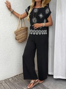 EMERY ROSE Damen Urlaubs-Lässig Geometrisches Muster Top und Hose 2 Stücke Set