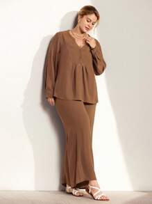 Momelise Plus Size Popular Minimalist Fashion Loose Fit Long Button Decor Round Neck Solid Color 2 Pieces Set For Women, Autumn/Winter Maillard Style Fall Cloth For Women