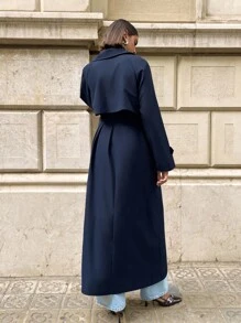 Aloruh 女士休闲纯色翻领腰带加长海军蓝秋冬风衣 - 藏蓝色 - 查看 7