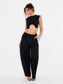 KIZN 阔腿松紧腰阔腿裤晚装休闲裤舒适宽松飘逸旅行夏秋季度假休闲场合下装 - 黑色 - 查看 3