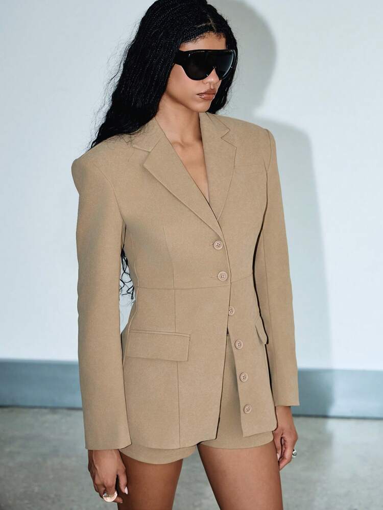 KIZN Fitted Button Front Blazer With Shoulder Pads