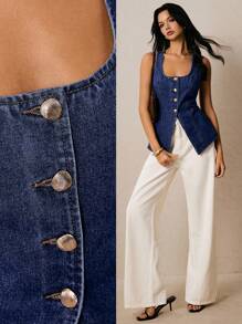 Poéselle 女式休闲水洗无袖牛仔上衣 - 深色水洗藍 - 查看 5