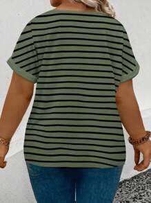 INAWLY Women's Round Neck Short Sleeve Striped Print Casual Versatile Plus Size T-Shirt, Spring/Summer - Green - View 2