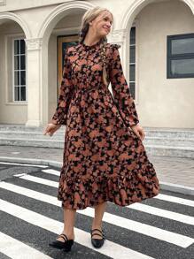 SHEIN Leap Crew Teen Girls Allover Floral Print Frilled Neck Ruffle Hem Dress - Multicolor - View 3