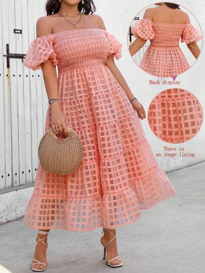 SHEIN Clasi Plus Size Women Elegant French Waist Cinching Off Shoulder Puff Sleeve Peplum Dress