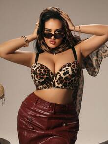 SHEIN 1pc Plus Size Leopard Print Lingerie, Elegant Luxurious Bandeau Bra With Adjustable Straps ClassicAnimalPrint - Multicolor - View 4