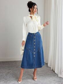 SHEIN Elenzya Chân váy Maxi denim giặt nút phía trước - Rửa tối - Xem 4