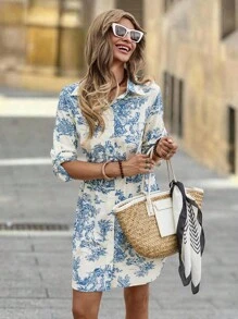 Solivie 女式休闲度假全印花前扣短款连衣裙 - 白色 - 查看 4