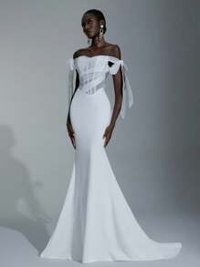 Elitara 优雅白色露肩飘袖蝴蝶结透视网眼鱼骨露肩鱼尾长拖尾婚纱，可调节肩带适合婚礼、毕业典礼、舞会、晚礼服 - 白色 - 查看 5