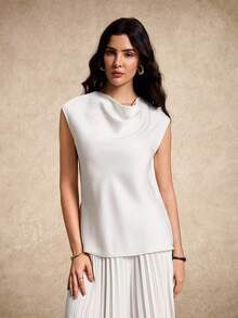 House of One Draped Neck Cap Sleeves Satin Top Women Summer Autumn Elegant Ivory Top Cream Tops For Women White Elegant Top