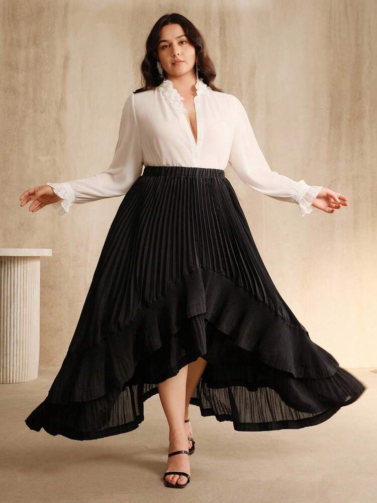 Plus Black Asymmetrical Pleated Hem Casual Maxi Skirt, Elegant Autumn
