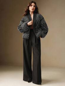 Anewsta Abrigo corto acolchado negro elegante para mujer con un exquisito ribete bordado con cuentas, adecuado para otoño, invierno, salir, formal, fiesta, elegante, Año Nuevo, Navidad, trabajo, graduación