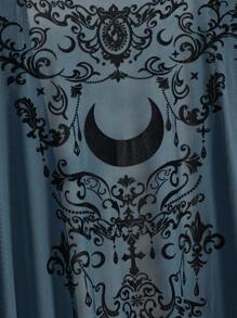 ROMWE Goth 大码女式浪漫哥特式复洛克月亮花卉植绒纹理不对称流苏下摆衬衫披肩，蓝绿色，适合春夏季假期、万圣节 - 藍色 - 查看 2