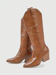 ROMWE Fairycore Bốt cao đến đầu gối bằng da, mũi nhọn màu nâu, đế dày, thêu họa tiết thời trang ngoài trời thu/đông 2025 - màu nâu - Xem 3