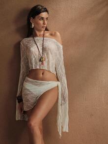 Swim Chiccia Women's Oblique Shoulder Slit Sleeve Sheer Cropped Cover-Up Top Paired With Lace Cover-Up And Mini Skirt Set - Brown - View 5