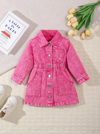 女婴休闲牛仔连衣裙，时尚可爱风格，长袖 A 字型松紧腰牛仔连衣裙，适合日常穿着、外出和家庭聚会