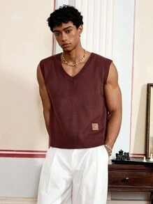 SWAVVY 男士休闲V领标准尺码针织无袖毛衣，适合秋冬 - 咖啡棕 - 查看 4