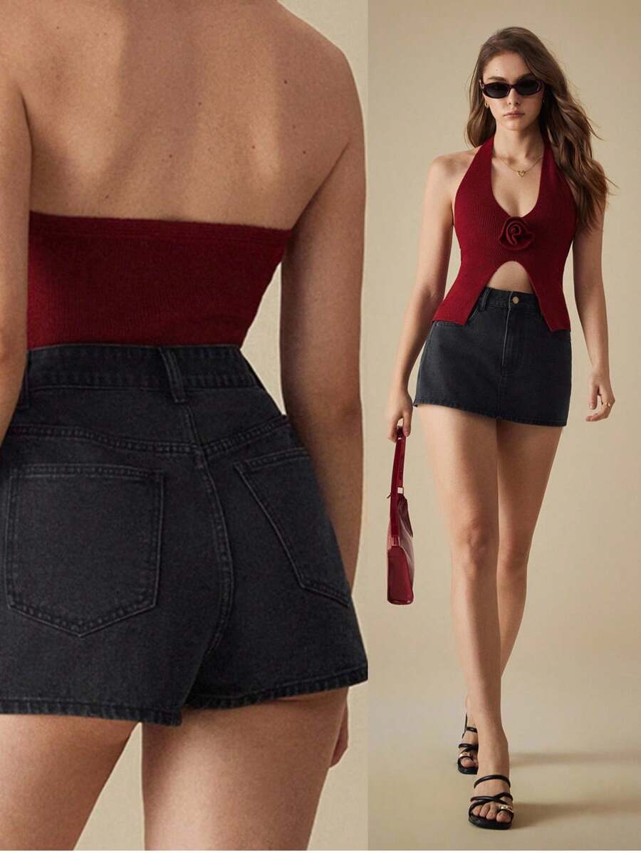 SHEIN Privé Women's High Waist Washed Denim Shorts, Summer Casual - Black - View 1