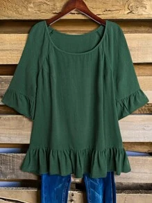 EMERY ROSE Kemeja Kasual Wanita Ukuran Besar Warna Polos Bahan Linen Nyaman Leher Bulat Lengan Raglan Hem Berkerut, Musim Gugur - Dark Green - View 1