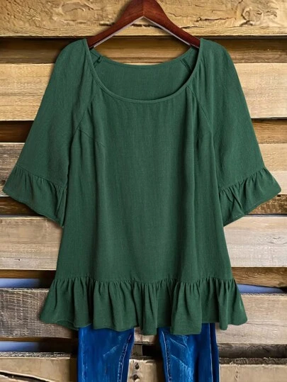 Linhara Plus Size Women's Solid Color Comfortable Cotton Linen Round Neck Dolman Sleeve Ruffle Hem Casual Shirt, Autumn