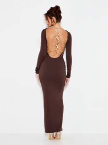 KIZN Elegant Chain Back Detail Maxi Dress With Long Sleeves Evening Wedding Guest Full Length Backless Gown Fall Winter Party Bodycon Design - Black - View 1