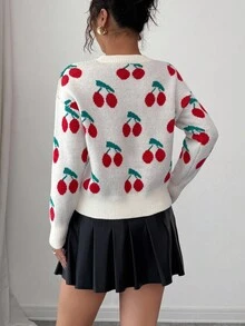 Elenzga Women's Cherry Jacquard Sequin Decorated Sweater - Apricot - View 3