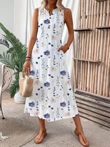 EMERY ROSE Women's Vacation Floral Print Notched V-Neckline Pocketed Long Casual Dress Maxi Women Outfit - Multicolor - View 5