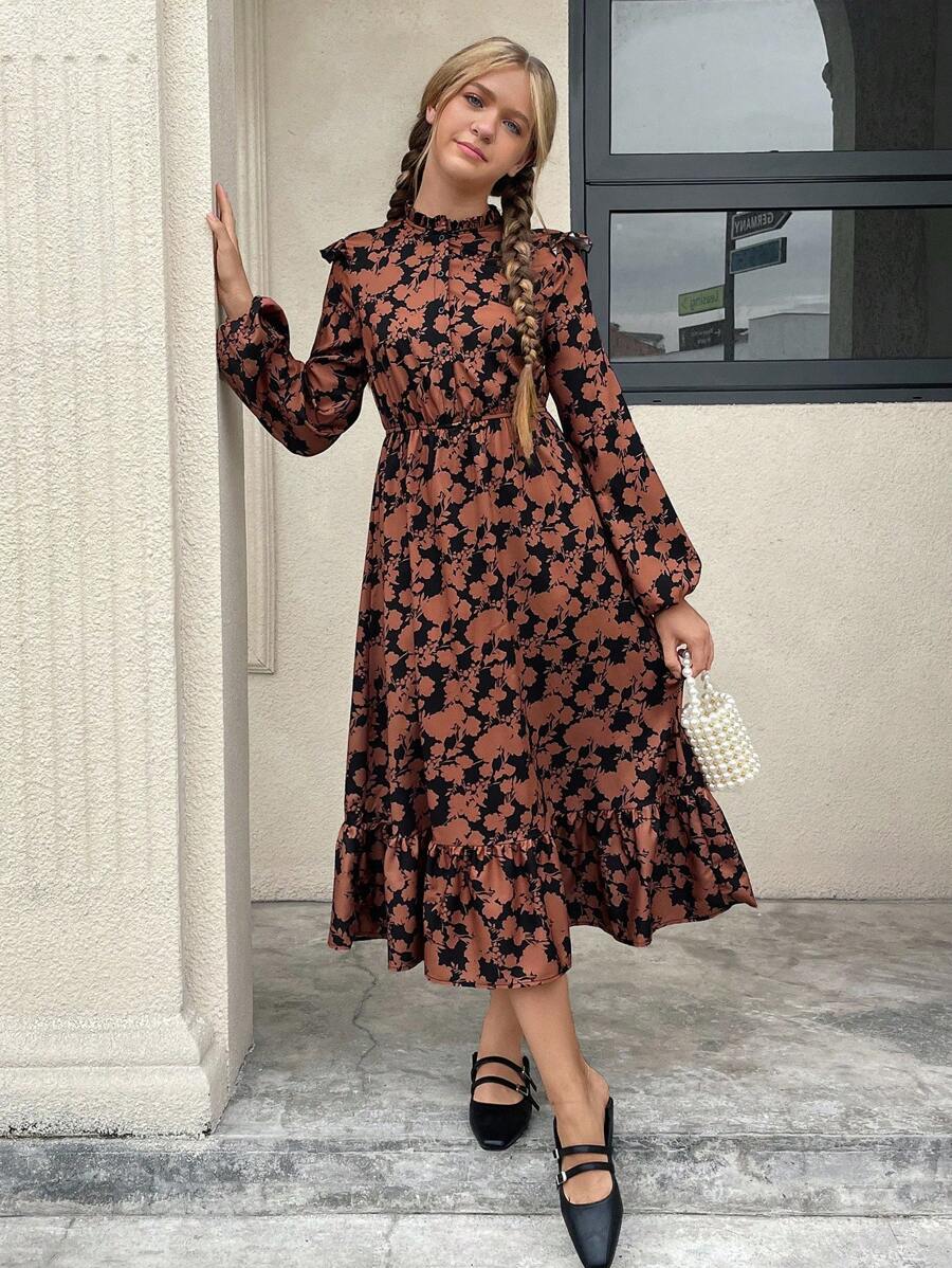 SHEIN Leap Crew Teen Girls Allover Floral Print Frilled Neck Ruffle Hem Dress - Multicolor - View 1