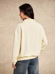 House of One Zip-Up Front Mock Neck Plain Casual Sweatshirt Women Autumn Winter Pullover For Women - Khaki - View 2