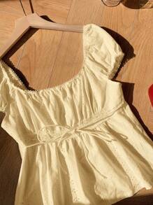 Comfortcana 女士短款泡泡袖休闲纹理褶皱细节 T 恤 - 黃色 - 查看 9