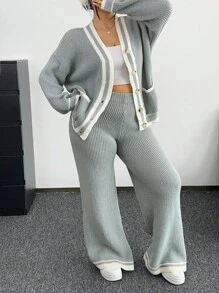 POPSWAY Conjunto de cardigan de punto con bolsillos y botones delanteros + pantalones de punto holgados para mujer de talla grande, adecuado para usar en primavera, otoño e invierno, apropiado para uso casual, de ocio y para ir al trabajo - Gris Claro - Ver 1