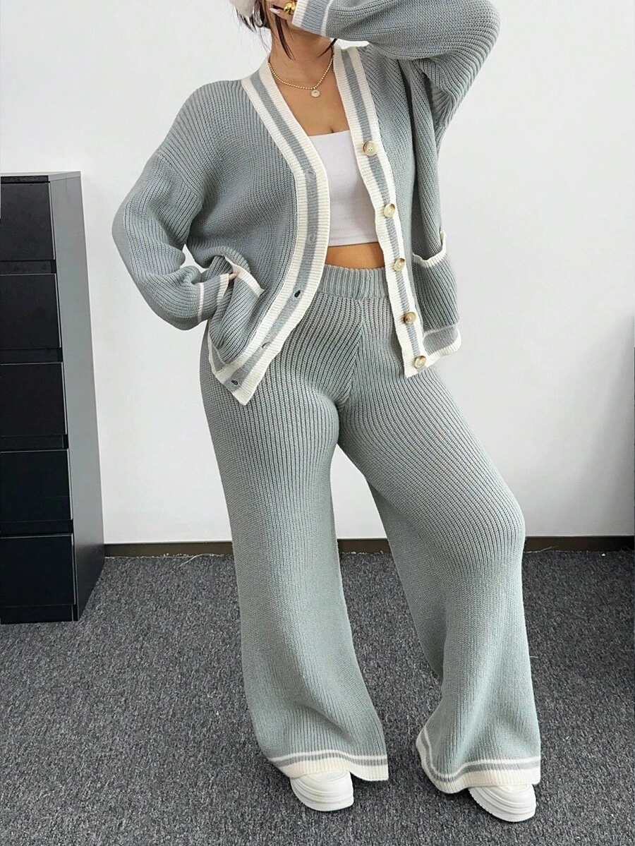 POPSWAY Conjunto de cardigan de punto con bolsillos y botones delanteros + pantalones de punto holgados para mujer de talla grande, adecuado para usar en primavera, otoño e invierno, apropiado para uso casual, de ocio y para ir al trabajo - Gris Claro - Ver 1