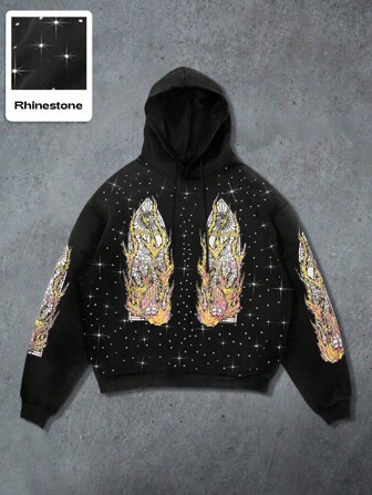 Street Life Sudadera con capucha para hombre con diseño americano callejero e impresión de rhinestones