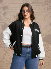 Astro Boy X SHEIN Plus Size Casual Everyday Contrast Color Cartoon Graphic Jacket Winter Fall Autumn - Black and White - View 6