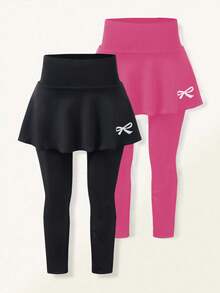 Sparklyn 2pcs/Set Girls Casual & Elegant Princess Bowknot & Butterfly Graphic Print Skirt And Leggings Set, For Spring & Summer,Holiday,Summer,Travel Fall Winter - Hot Pink - View 1