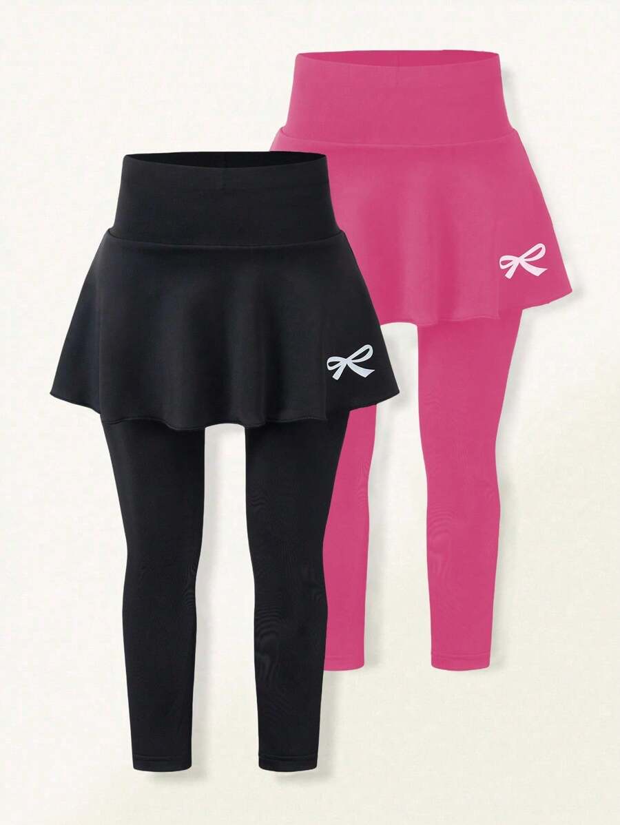 Sparklyn 2pcs/Set Girls Casual & Elegant Princess Bowknot & Butterfly Graphic Print Skirt And Leggings Set, For Spring & Summer,Holiday,Summer,Travel Fall Winter - Hot Pink - View 1