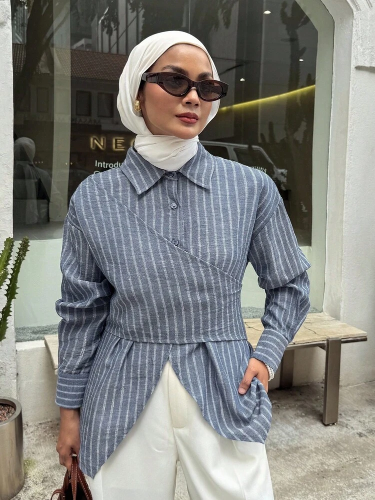 Casual Striped Loose Tie-Up Asymmetric Women Shirt Modest Fashion Long Sleeve