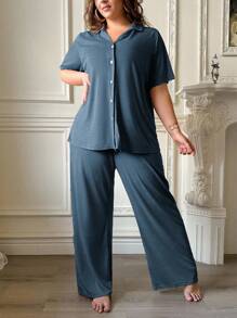 SHEIN 加大码简约纯色柔软亲肤纽扣睡衣套装女士家居服套装纽扣睡衣女士 - 藍色 - 查看 3